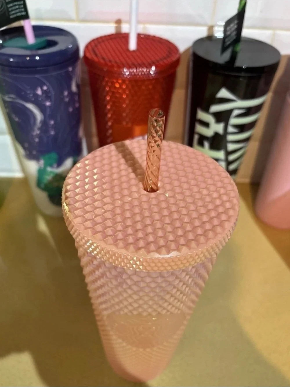 Starbucks 24oz Studded Tumbler Peach Pink Iridescent Venti Cold Cup Straw 2024